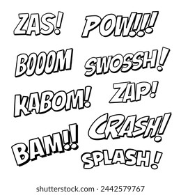 A collection of text for placing in dialogue bubbles to describe sounds or actions such as splash, boom, bam, kaboom, zap, pow, depicted in a black and white vector illustration with no background