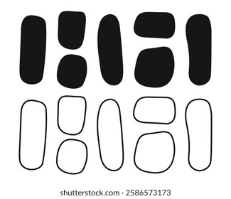 Collection of textbox frames and shapes in doodle style. Organic forms for tags, labels, speech or quote bubbles isolated on white background. Vector graphic illustration.