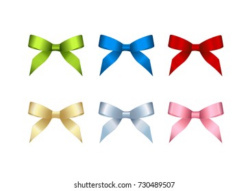 Collection of textile bow of ribbon (red, pink, green, blue, golden), isolated on white. Concept for invitation, banners, gift cards, congratulation or website layout vector.