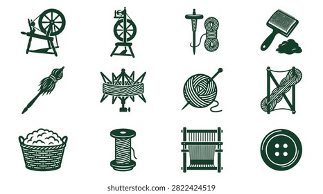 Collection of textile craft icons including traditional spinning wheels, yarn balls, drop spindles, weaving looms, carders, and sewing tools in dark green silhouettes on white background.