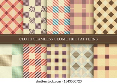 Collection of textile geometric patterns in retro style. Colorful fabric repeatable textures. Striped and checkered design - tileable backgrounds.