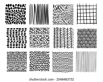 Collection texture with variety abstract shapes. Backgrounds with ink and marker in hand drawn style. Illustrations with dots, lines, stripes, and strokes in the Scandinavian style. 