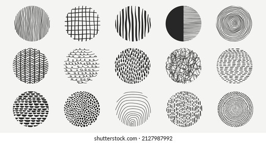 Collection texture with variety abstract shapes. Hand drawn doodle shapes. Round abstract backgrounds with drops,  lines, spots, curves, strokes, stripes. For posters, social media icons.