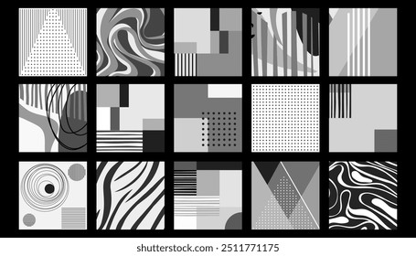 Collection of textured backgrounds with simple geometric shapes, lines wavy. Monochrome collages. Minimalistic trendy vector graphic elements for postcards, posters, covers, banners or branding.