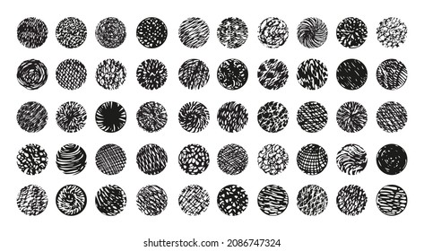 Collection of textured circles. Abstract black backgrounds with hatching.