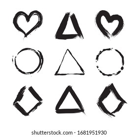 Collection of textured frames isolated on white background. Set of black templates with splashes and spray in form round, heart, square, triangle and rectangle.