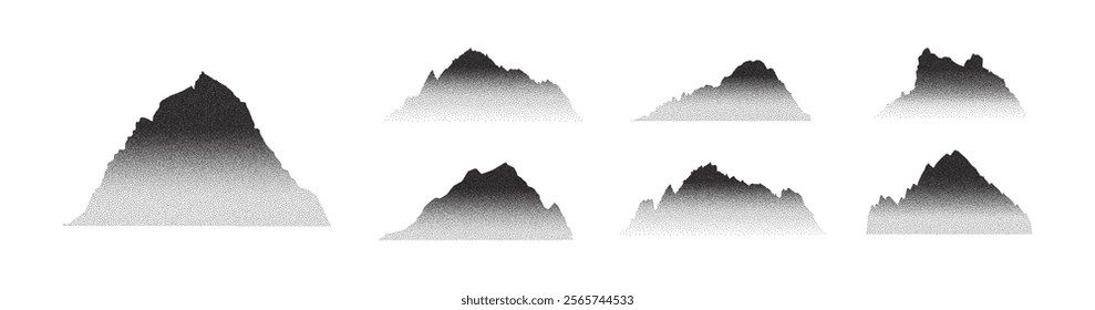 A collection of textured mountain ranges created using a stippling technique. The retro photocopy style features a grainy, grungy aesthetic enhanced by a halftone overlay and noisy pointillism effect.