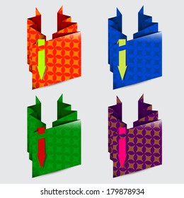 Collection of the textured paper ribbon with color arrows on the gray background