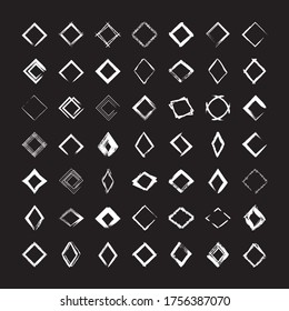 Collection of textured rhombus frames isolated on black background. Set of white templates with splashes and spray in form square and rectangle in a dirty and freehand style.
