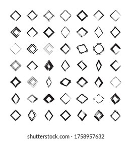 Collection of textured rhombus frames isolated on white background. Set of black templates with splashes and spray in form square and rectangle in a dirty and freehand style.