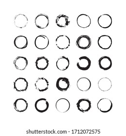 Collection of textured round frames isolated on white background. Set of black templates with splashes and spray in form circle and o-shaped, and elliptical in a dirty and freehand style.