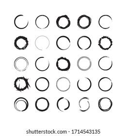 Collection of textured round frames isolated on white background. Set of black templates with splashes and spray in form circle and o-shaped, and elliptical in a dirty and freehand style.