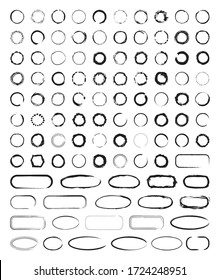 Collection of textured round frames isolated on black background. Set of white templates with splashes and spray in form circle and o-shaped, and elliptical in a dirty and freehand style.