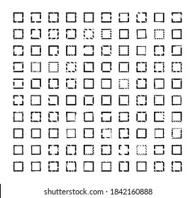 Collection of textured square frames and borders isolated on white background. Set of black templates in form quadrangle and rectangle in a dirty and freehand style.