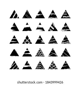 Collection of textured triangles isolated on white background. Set of black templates in form of a pyramid and a triangle in a dirty and freehand style.