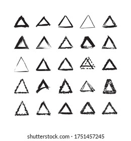 Collection of textured triangular frames isolated on white background. Set of black templates with splashes and spray in form square and rectangle in a dirty and freehand style.