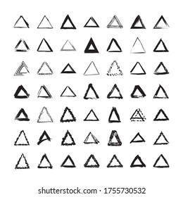 Collection of textured triangular frames isolated on white background. Set of black templates with splashes and spray in form square and rectangle in a dirty and freehand style.