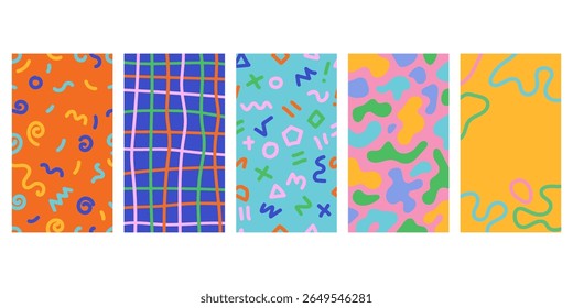 collection of textured vector backgrounds with colorful simple and fun repeating patterns. for cards, posters, covers, banners, or branding, instagram story
