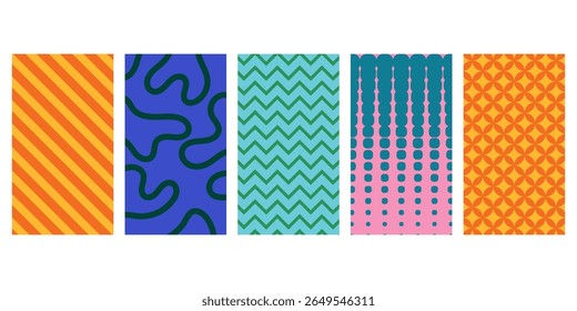 collection of textured vector backgrounds with colorful simple and fun repeating patterns. for cards, posters, covers, banners, or branding, instagram story