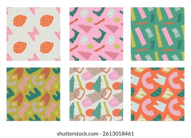 Collection of textured vector backgrounds with cutout and fun repeating patterns. Abstract colorful funky pattern for cards, posters, covers, banners, or branding.