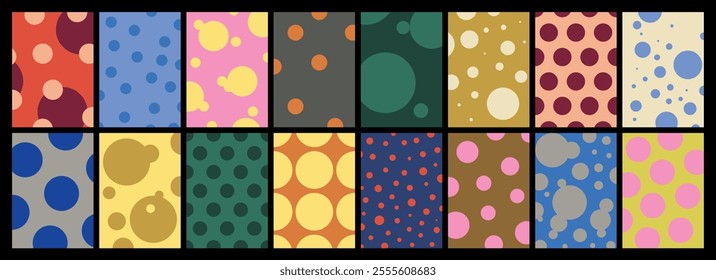 collection of textured vector backgrounds with polka dot patterns. Abstract and colorful backgrounds with dots, circles and rounds for cards, posters, covers, banners or branding.