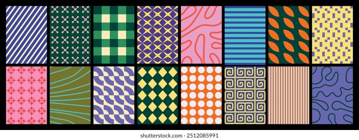 collection of textured vector backgrounds with simple and fun repeating patterns. Abstract colorful funky backgrounds for cards, posters, covers, banners, or branding.