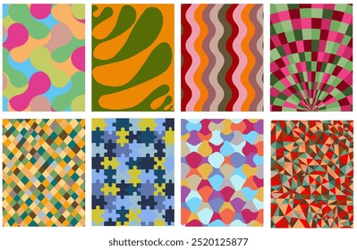 Uma coleção de planos de fundo vetoriais texturizados com padrões de repetição simples. Abstrato colorido fundos frios para cartões, cartazes, capas, revistas, banners ou branding, gaiola de quebra-cabeças, triângulo.