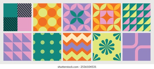 collection of textured vector backgrounds with simple and fun repeating patterns. Abstract colorful funky pattern for cards, posters, covers, banners, or branding.