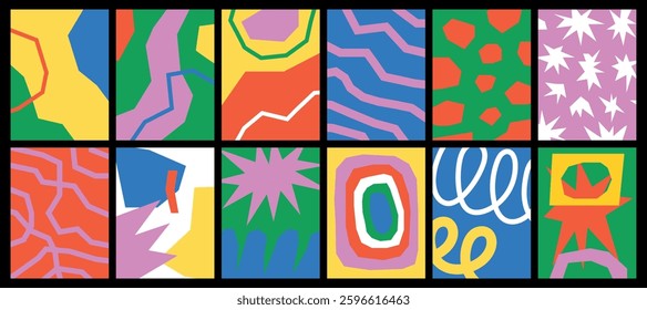 Collection of textured vector backgrounds with simple elements and playful patterns. Abstract colorful funky backgrounds for cards, posters, covers, banners, or branding.