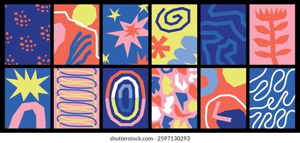 Collection of textured vector backgrounds with simple elements and playful patterns. Abstract colorful funky backgrounds for cards, posters, covers, banners, or branding.