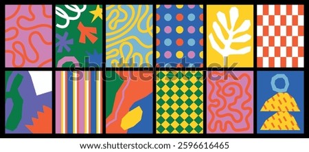 Collection of textured vector backgrounds with simple elements and playful patterns. Abstract colorful funky backgrounds for cards, posters, covers, banners, or branding.