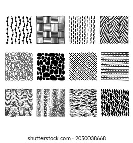 Collection of textures. Backgrounds in a hand-drawn style with lines, spots, dots.