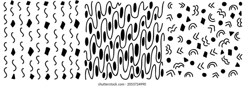 A collection of textures with different abstract backgrounds. In the technique of drawing with ink by hand. Spots, lines, stripes, grid, hatching, Scandinavian style.