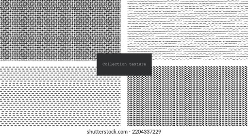 Collection of textures in Scandinavian style. A set of minimalistic patterns with abstract shapes, waves, tic-tac-toe, stripes, checkmarks. Fashionable prints for stylish design of fabrics, web.