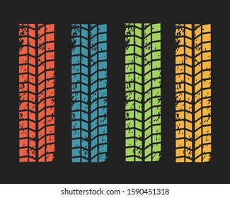 Collection textures of vector tire tracks with separate grunge texture, tire marks, tire tread, tread marks silhouette, pattern for machine and vehicle