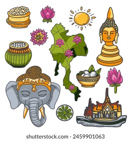 Kollektion der thailändischen Ikonen "Reisen nach Thailand" Doodle Elemente Elefant, Lotus, Landkarte von Thailand, Thai Essen, Buddha Kopf.