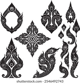 Uma coleção de padrões ornamentais tailandeses inspirados em penas de pavão, perfeitas para tatuagens, desenhos decorativos e projetos culturais.