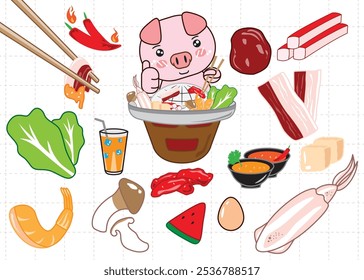 Collection Thai Style BBQ or Moo Krata, vector Illustration.