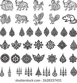 Collection of Thai traditional vector elements including zodiac animals, floral motifs, Unalome and sacred line art in black and white for cultural or tattoo design.