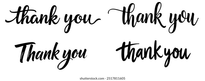 collection of Thank you handwritten isolated on white background. Hand drawn lettering style calligraphy.