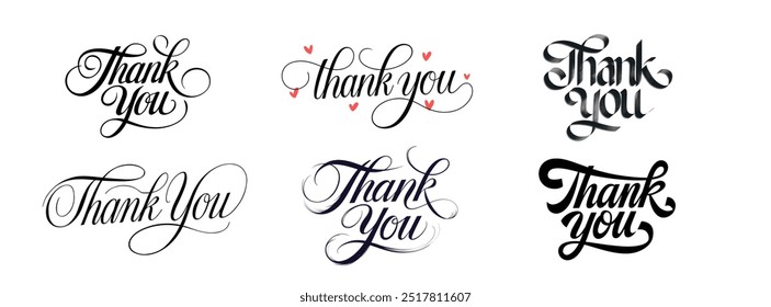 collection of Thank you handwritten isolated on white background. Hand drawn lettering style calligraphy.