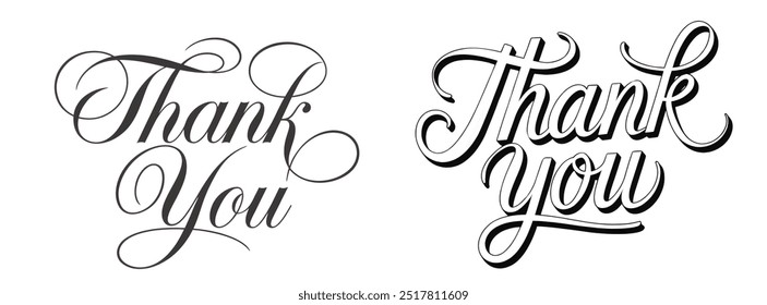 collection of Thank you handwritten isolated on white background. Hand drawn lettering style calligraphy.