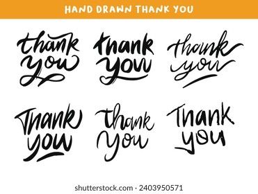 Collection of thank you lettering in different shape. Set of hand drawn thank you in black color. Christmas and new year greeting card idea