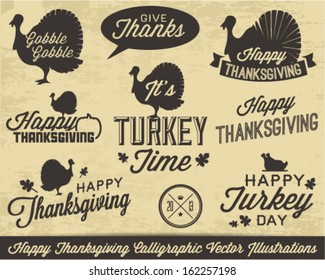 Collection of Thanksgiving Calligraphic Vector Illustrations in Vintage Style