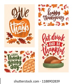 Collection of Thanksgiving day greeting card and postcard templates with elegant written lettering, autumn leaves, pumpkin, roasted turkey, pie. Seasonal vector illustration for holiday celebration.