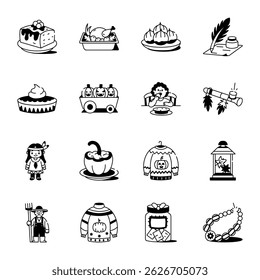 Collection of Thanksgiving Day Hand Drawn Icons 