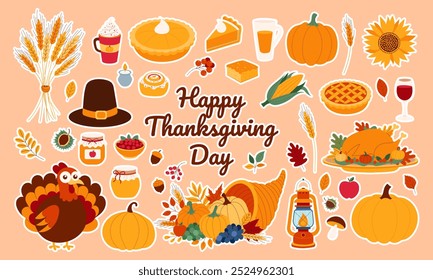 A collection of Thanksgiving Day images and symbols. The image is a collage of various Thanksgiving Day items, including a turkey, pumpkin, pie, and other seasonal decorations