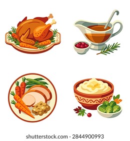 A collection of Thanksgiving dinner elements including a whole roasted turkey, sliced turkey, mashed potatoes, gravy, cranberry sauce, Brussels sprouts, and carrots.