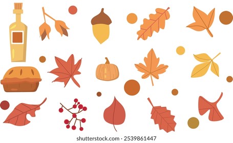 Sammlung von Thanksgiving-Elemente Herbstblätter, Blumen, Äpfel, Morgen, Soda, Nüsse, für Thanksgiving-Tag Dekoration Design-Elemente. Vektorgrafik