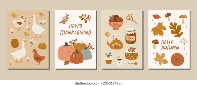 Collection of Thanksgiving greeting cards and posters with hand drawn farm and cozy home objects, birds, geese, pumpkins, autumn leaves illustration vector elements